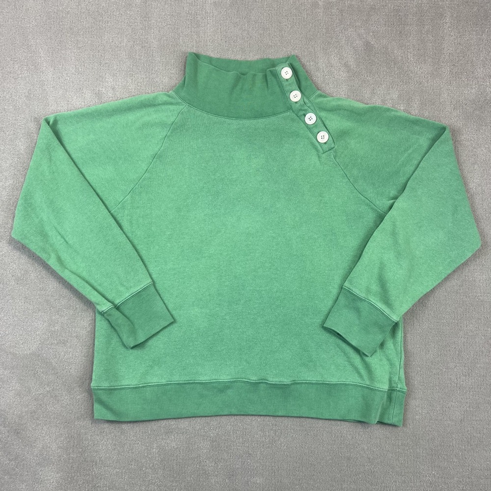 J.Crew Sweatshirt Women L Green Mock Neck Button Shoulder Fleece Pullover Raglan